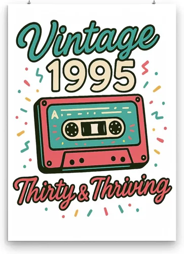 Vista 3 de Thirty & Thriving 90s Neon Poster - Retro 1995 Cassette Tape Design - Gloss Paper Finish - Milestone Birthday Wall Decor