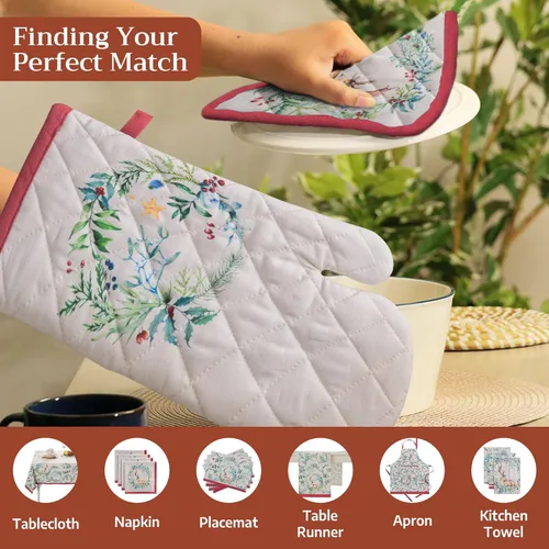 Vista 4 de Maison d' Hermine - Juego de guantes de cocina (7.5 x 13 pulgadas) y agarradera (8 x 8 pulgadas) Holly Time, 100 % algodón, manoplas de horno