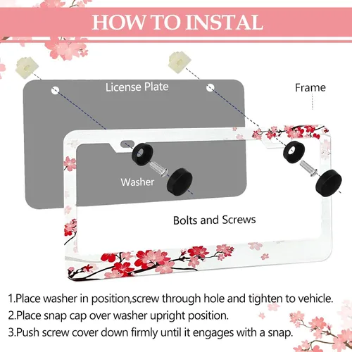 Vista 5 de LIN KANG Hermoso Marco de Matrícula de Flor de Cerezo - 2 PCS Portamatrícula de Flores Florales Cubierta Accesorios Universales de Automóvil