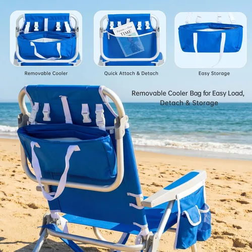 Vista 8 de SUNNYFEEL Silla de Playa Baja de 5 Posiciones Completamente Reclinable, Sillas de Playa Plegables Portátiles Tipo Mochila Resistentes con Bolsa