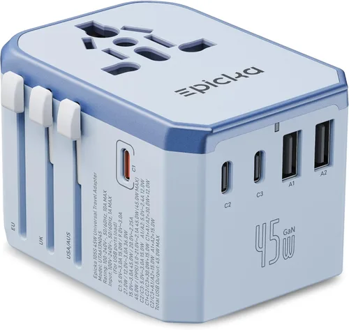 Vista 9 de EPICKA Adaptador de viaje universal, adaptador de enchufe de alimentación internacional con 3 puertos USB-C y 2 puertos USB-A, cargador de pared