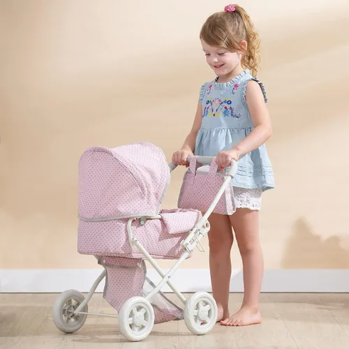 Vista 2 de Olivia's Little World - Cochecito de estilo buggy para muñeca con toldo retráctil, almacenamiento debajo, moisés desmontable, bolsa de viaje