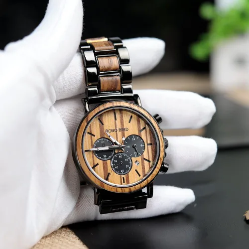 Vista 6 de BOBO BIRD - Relojes de madera grabados personalizados para hombre elegantes relojes de pulsera de cuarzo que combinan madera y acero inoxidable