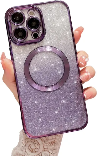 Vista 14 de Compatible con iPhone 14 Pro Max - Funda magnética Gardient con purpurina, bonita funda con MagSafe para mujeres y niñas, protector completo