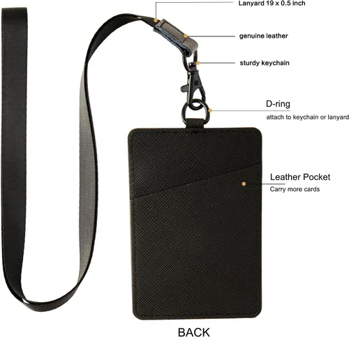 Vista 2 de Portatarjetas de identificación, soporte vertical de cuero para tarjetas de identificación con 1 ventana de identificación transparente y 1 cordón