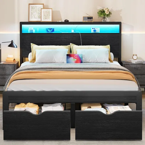 Vista 3 de FAVOOSTY Base de cama de tamaño matrimonial con cabecera de 2 niveles, plataforma de metal con 2 cajones de almacenamiento, luces LED y estación