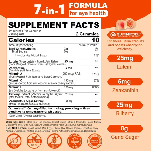 Vista 2 de Suplementos de luteína y zeaxantina sin azúcar (25 mg) Vitaminas A, C, E, arándano, astaxantina, aceite de coco para una mejor absorción, salud