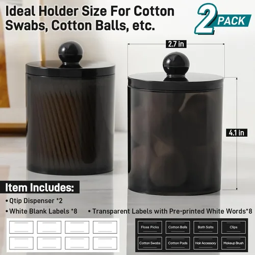 Vista 3 de Paquete de 2 dispensadores acrílicos para hisopos de algodón, bolas, almohadillas, púas de hilo dental, juego de tarros de boticario de plástico