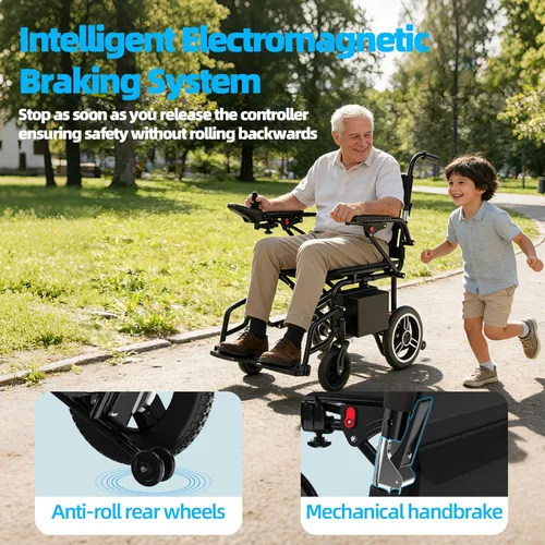 Vista 5 de Silla de ruedas eléctrica para adultos, rango de viaje de 15 millas de largo, plegable ligera, soporte máximo de 300 libras, silla de ruedas