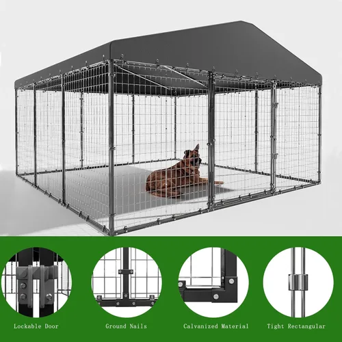 Vista 4 de Perrera para exterior de 10 x 10 x 6 pies, corrales resistentes para perros al aire libre con techo resistente a los rayos UV y al agua, cerca