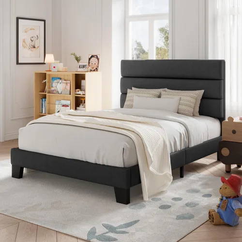 Vista 52 de Allewie - Base de cama tamaño King con cabecera tapizada en tela y soporte de listones de madera; base de colchón completamente tapizada; no Azul