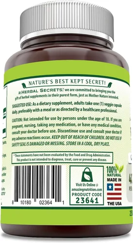 Vista 3 de Herbal Secrets Vitex Fruit 400 mg 250 cápsulas vegetales Suplemento Sin OMG Sin gluten Fabricado en Estados Unidos