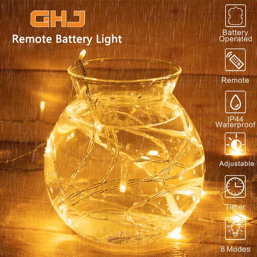 Vista 7 de GHJ 100 luces LED con control remoto a batería, impermeables, guirnalda de luces de hadas para interiores/exteriores para árbol de Navidad, fiesta