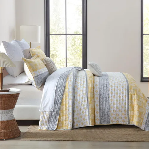 Vista 4 de Juego de edredón de algodón tamaño King, juego de ropa de cama verde y gris, colcha a rayas, juego de edredón ligero de verano de 3 piezas