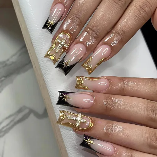 Vista 13 de BABALAL Uñas largas cuadradas a presión, uñas acrílicas rosas con dijes de flores de mariposa 3D, uñas postizas artificiales con purpurina