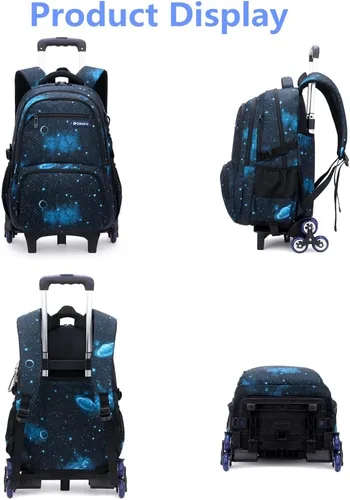 Vista 3 de Mochila escolar con ruedas con estampado de galaxias para niños de primaria, 3 piezas, estilo B-galaxia-negro, Viajar
