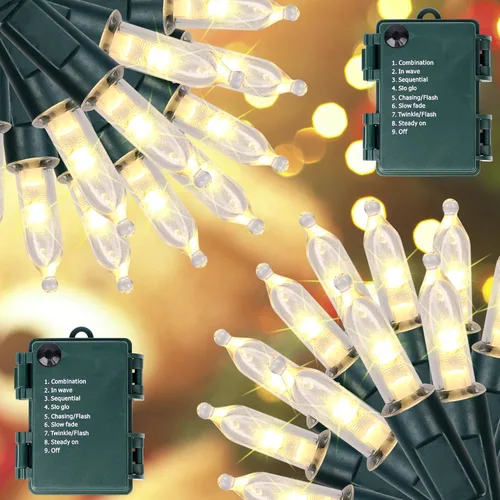 Vista 6 de Blissun - Luces de Navidad, juego de 50 luces verdes, mini tira de luces navideñas a pilas con 8 modos, guirnalda de luces de 16 pies para árbol
