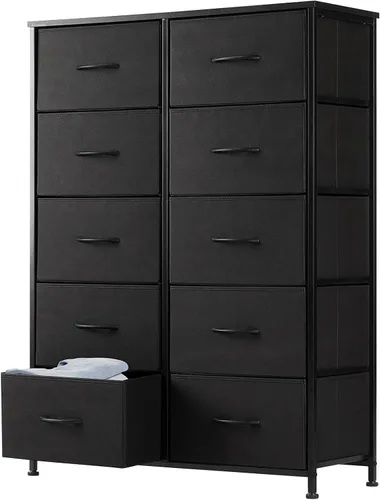 Vista 10 de DUMOS Cómoda de 8 cajones para dormitorio, organizador de almacenamiento de tela con marco de metal resistente, cómoda superior de madera para Negro