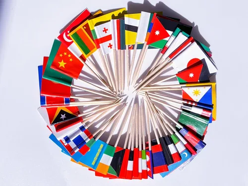 Vista 6 de stidsds Banderas de palillos de dientes de 100 países, mini decoración nacional para cupcakes de países pequeños, decoración para fiestas