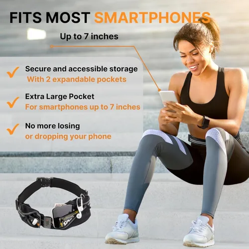 Vista 5 de Cinturón de correr para mujeres y hombres, soporte impermeable para teléfono para correr, riñonera reflectante de 2 bolsillos para almacenar