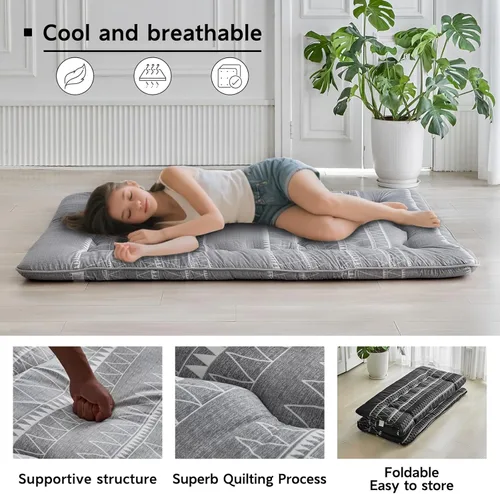 Vista 6 de Colchón japonés para suelo, diseño fácil de almacenar para verano, colchón de futón bohemio de rayas blancas estilo triángulo con bolsa