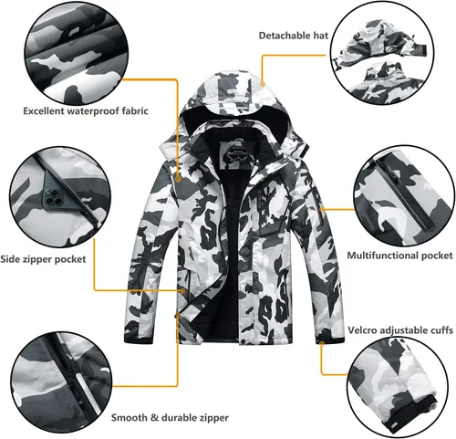 Vista 6 de Chaqueta de esquí impermeable con capucha para hombre, abrigo cálido de nieve para el invierno