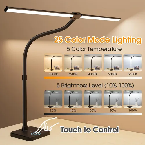 Vista 3 de ShineTech Lámpara de escritorio LED para oficina en casa, luz de escritorio de doble cabezal de 24 W con carga inalámbrica, puerto USB, 25 modos