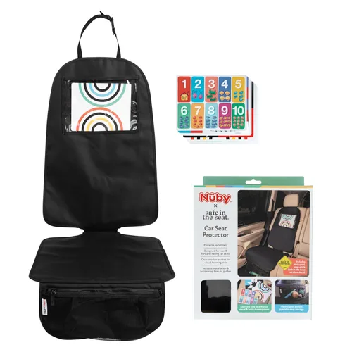 Nuby Protector de asiento de coche seguro en el asiento, compatible con asientos de automóvil traseros y hacia adelante, bolsillo de aprendizaje