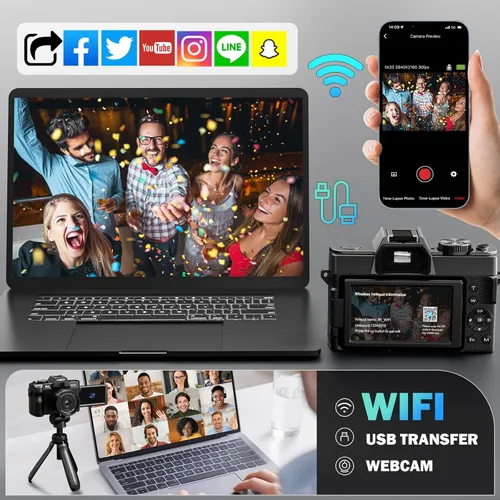 Vista 9 de 8K Digital Cameras for Photography 64MP - 16X Zoom Autofocus, WiFi, 180° Flip Screen with Wide-Angle & Macro Lens, Vlogging Camera for YouTube