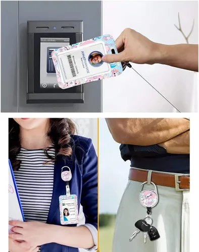 Vista 137 de Portatarjetas blanco con cordón para tarjetas de identificación, carrete retráctil negro con clip de mosquetón, tarjetero de identificación