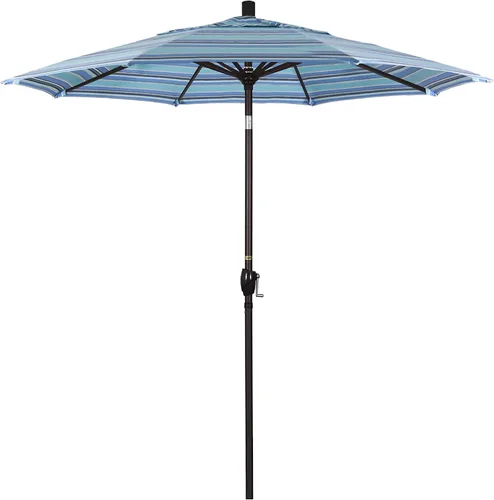 Vista 33 de California Umbrella Sombrilla redonda de aluminio de 7.5 pies, manivela elevadora, botón de inclinación, poste de bronce, Sunbrella Air Blue Azul