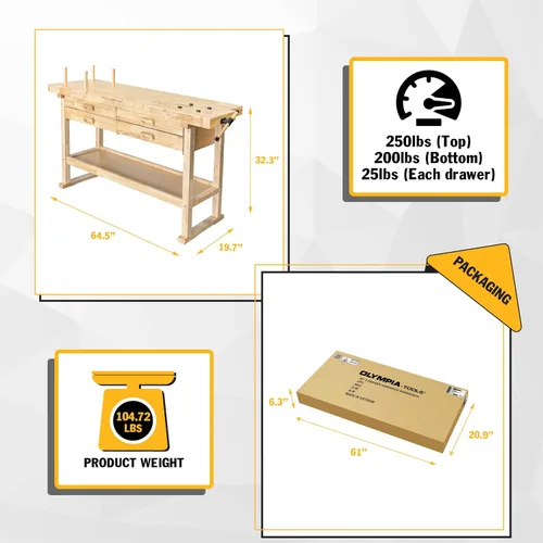 Vista 4 de Olympia Tools Banco de trabajo de madera dura de goma de 60 pulgadas con 4 cajones, capacidad de peso de 450 libras, mesa de trabajo de madera