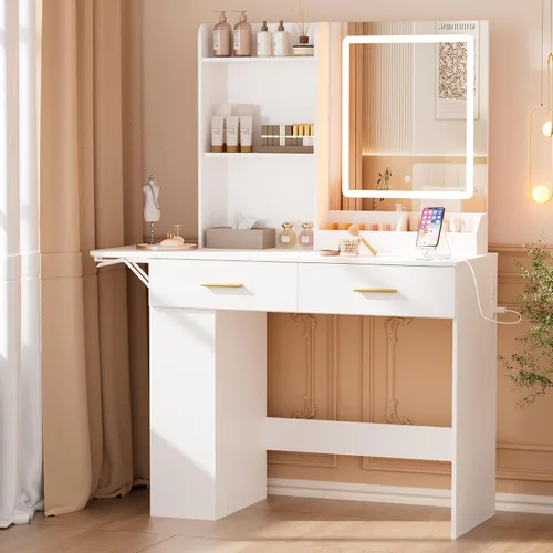 Vista 13 de Escritorio de tocador con espejo de luces LED, mesa de maquillaje moderna de 35.43 pulgadas con 6 cajones de almacenamiento y taburete para mujeres
