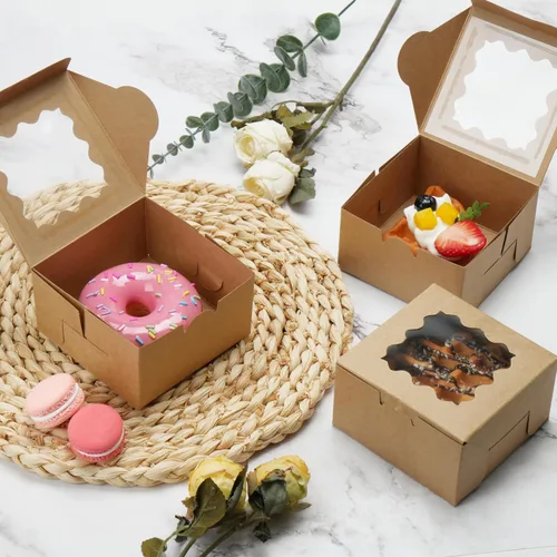 Vista 5 de LotFancy 60 cajas de panadería marrones con ventana, 4 x 4 x 2.5 pulgadas, cajas pequeñas para galletas, mini cajas de golosinas para mini pasteles