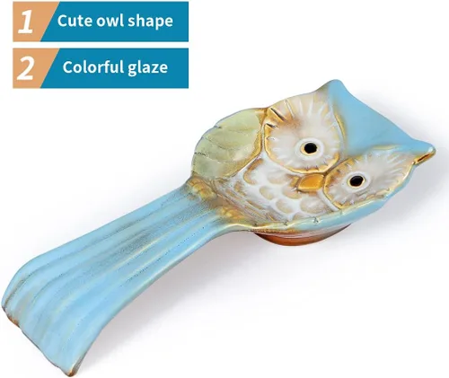 Vista 4 de Soporte para cuchara de búho, soporte de cuchara de cerámica, soporte para utensilios para estufa, encimera de cocina, mesa de comedor, estación
