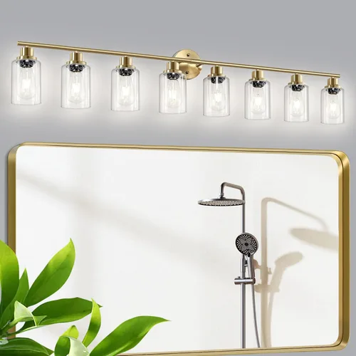 Vista 21 de Lámparas de baño E26 de 2 luces, modernas luces de tocador de níquel cepillado para baño con pantalla de vidrio transparente, espejo, cocina