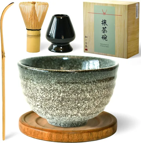 APEX S.K. - Juego de batidor de matcha de cerámica Chawan Matcha Bowl Speckled Dark Grey Matcha Cup Set Matcha Juego de batidor y tazón para 2 tazas