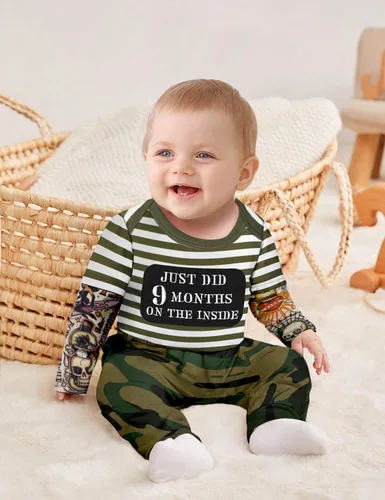 Vista 16 de Conjunto de 3 piezas de ropa para bebé y niño, manga de tatuaje, mameluco divertido y pantalones