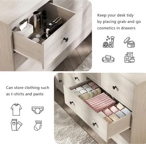 Vista 19 de Cómoda negra de 7 cajones para dormitorio, cómoda de madera de 55 pulgadas de ancho con asas doradas, organizador moderno y grande para sala