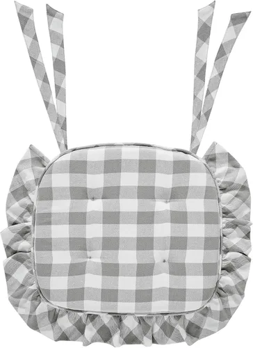 VHC Brands Farmhouse Country Annie Buffalo Check - Almohadilla para silla con volantes y lazos de tela, 16.5 x 18 pulgadas Gris ceniza