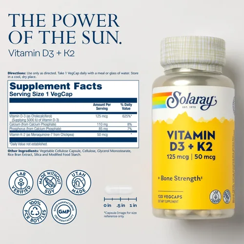 Vista 2 de SOLARAY Vitamina D3 K2 y glicinato de magnesio – Paquete de salud ósea – Absorción de calcio, nervios, corazón e inmune apoyo con 5000 UI