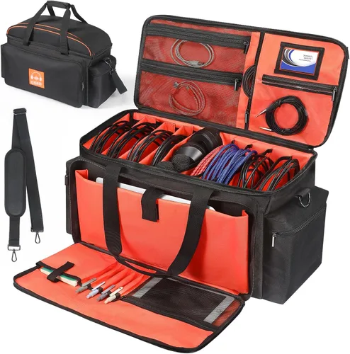 Vista 6 de Bolsa de DJ para concierto, bolsa de archivo de cable de DJ con parte inferior acolchada desmontable y divisores, bolsa de viaje para cables,