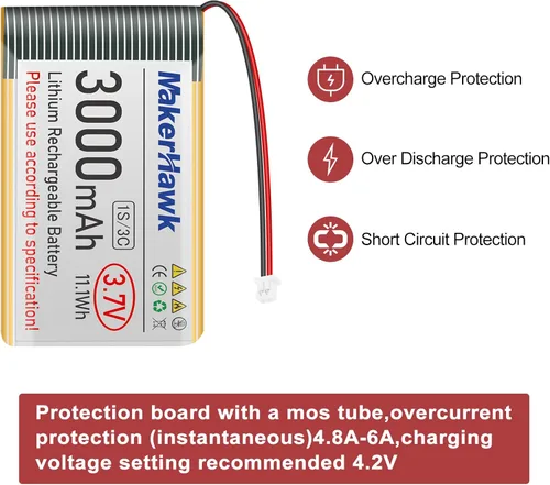 Vista 5 de MakerHawk Batería LiPo de 3.7 V 3000 mAh recargable 1S 3C 103665 Batería de polímero de litio con placa de protección, cinta de goma aislada
