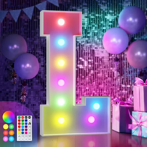 Vista 48 de Imprsv Letras coloridas de marquesina de 3 pies y letras grandes iluminadas RGB con control remoto, decoraciones de fiesta de cumpleaños Carta