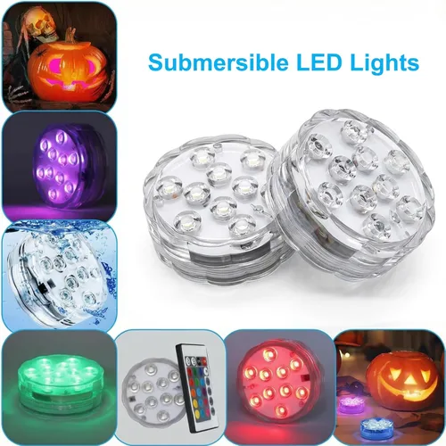 Vista 2 de Luces LED sumergibles con control remoto, 16 colores, 4 modos, funciona con pilas, luces LED de calabaza que cambian de color para Halloween