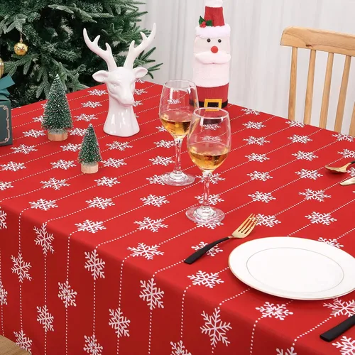 Vista 9 de Mantel rectangular de Navidad con copos de nieve, mantel de Navidad, impermeable y lavable, para exteriores, fiestas, cocina, comedor, 60 x 84