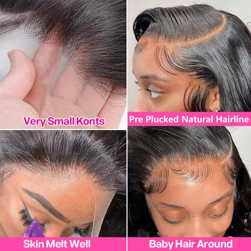 Vista 3 de Yamikk Pelucas de Cabello Humano de Ondas al Cuerpo con Encaje Frontal Pre-Desplumadas Línea Capilar Natural Densidad 180% Pelucas de Cabello Humano