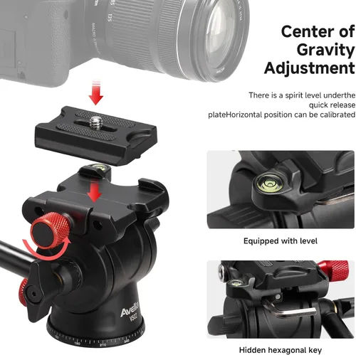 Vista 6 de Avella Cabezal de trípode con cabezal de inclinación panorámica con placa de liberación rápida tipo Arca y asa, cabezal panorámico de metal con base