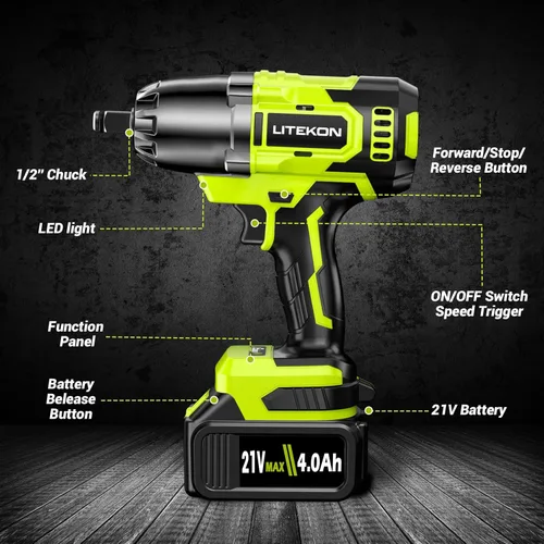 Vista 6 de Llave de impacto inalámbrica de 1/2 pulgada, herramienta de impacto de alta potencia sin escobillas de 480 pies-libra (650 N·m) con batería