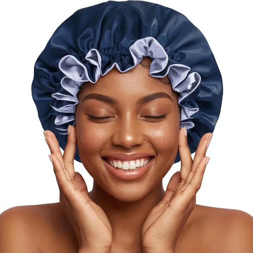 Vista 13 de Gorro de pelo para dormir, gorro de noche con clip ajustable, gorro reversible para el cabello para mujer, gorro de satén de seda borgoña/plateado